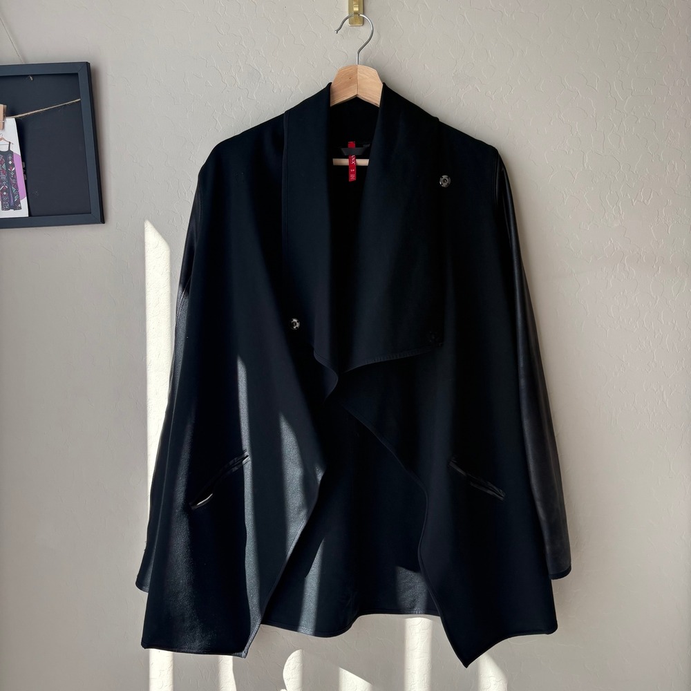 Spanx Black Drape Front Jacket‎ Faux Leather Sleeves Waterfall Ponte Size Small